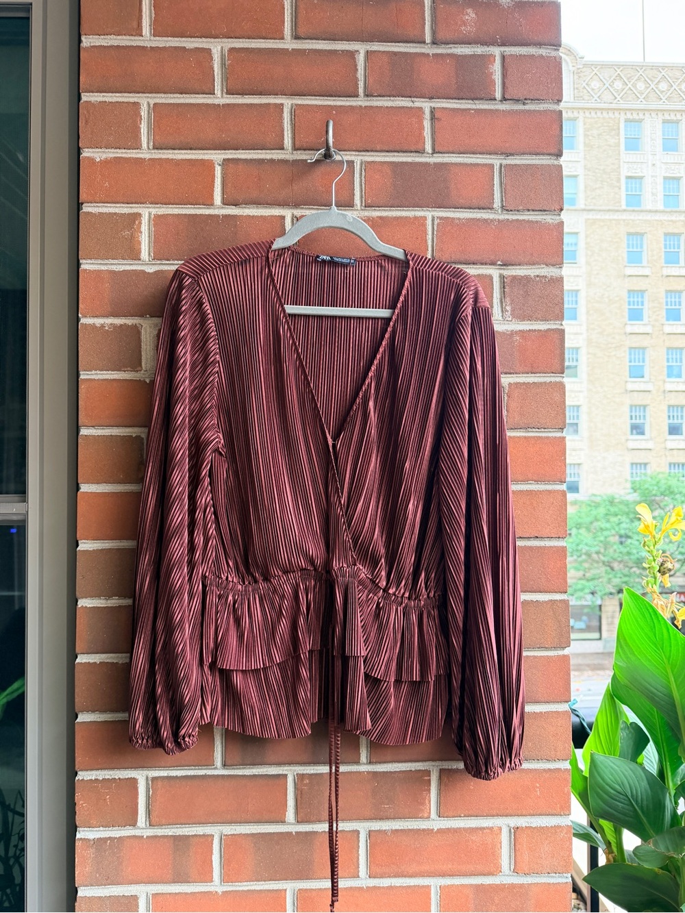 Zara Burgundy Striped V-Neck Peplum Blouse